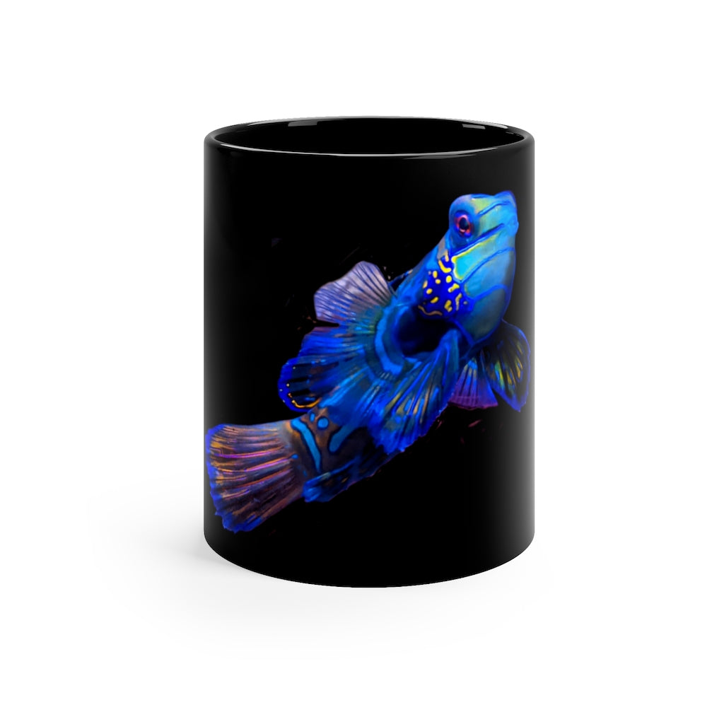 A sleek black ceramic mug with a C-handle, perfect for coffee, tea, or hot chocolate, showcasing customizable designs.