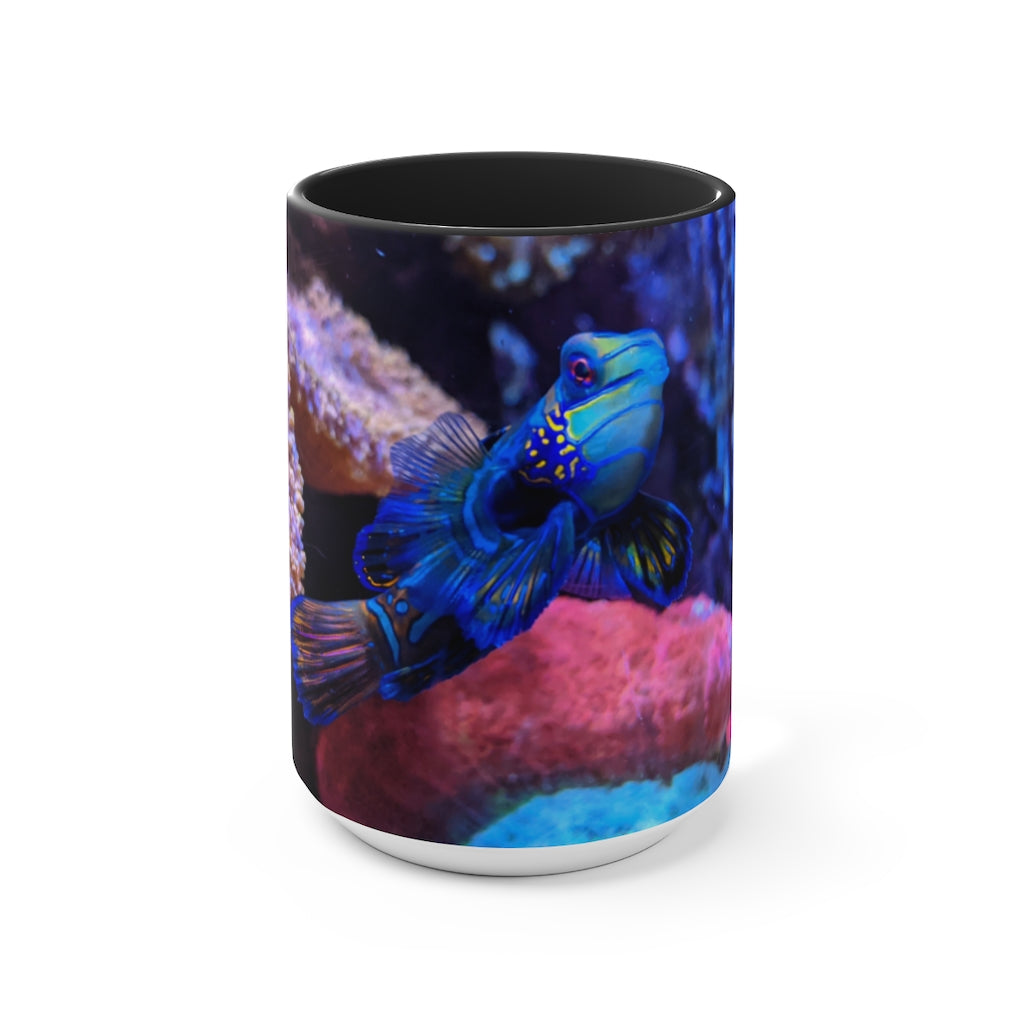 A stylish Blue Fish Accent Mug featuring a white exterior with a vibrant colored interior, available in multiple color options.