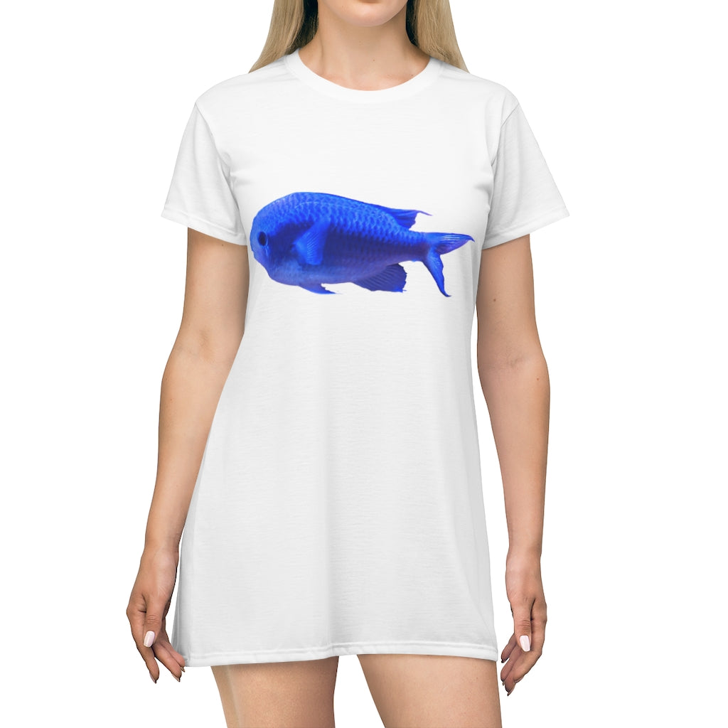 A stylish Blue Fish All Over Print T-Shirt Dress featuring a vibrant fish pattern, perfect for casual or dressy occasions.