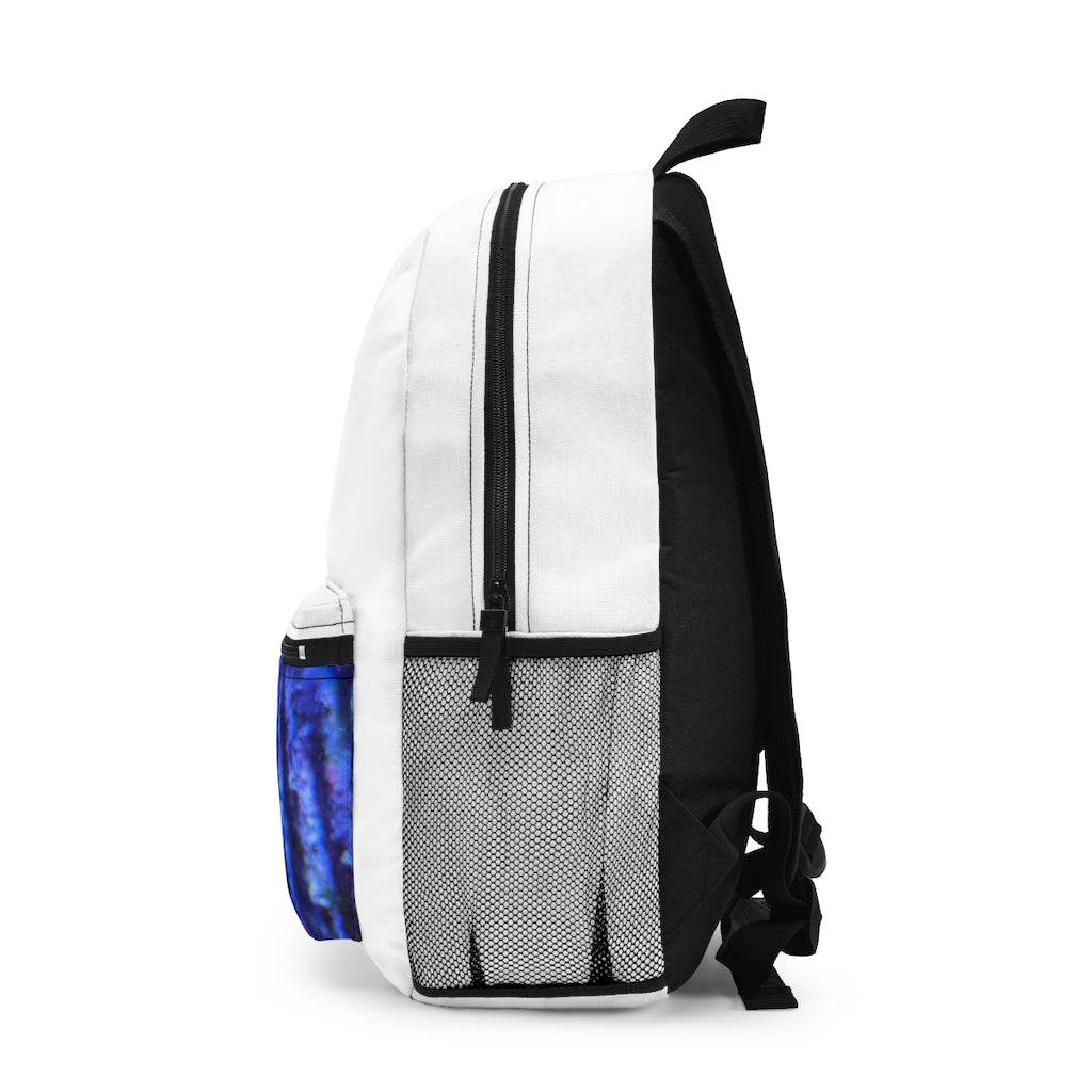 Blue Fish Backpack made from durable spun polyester, featuring adjustable straps and a custom name tag, perfect for outdoor and everyday use.