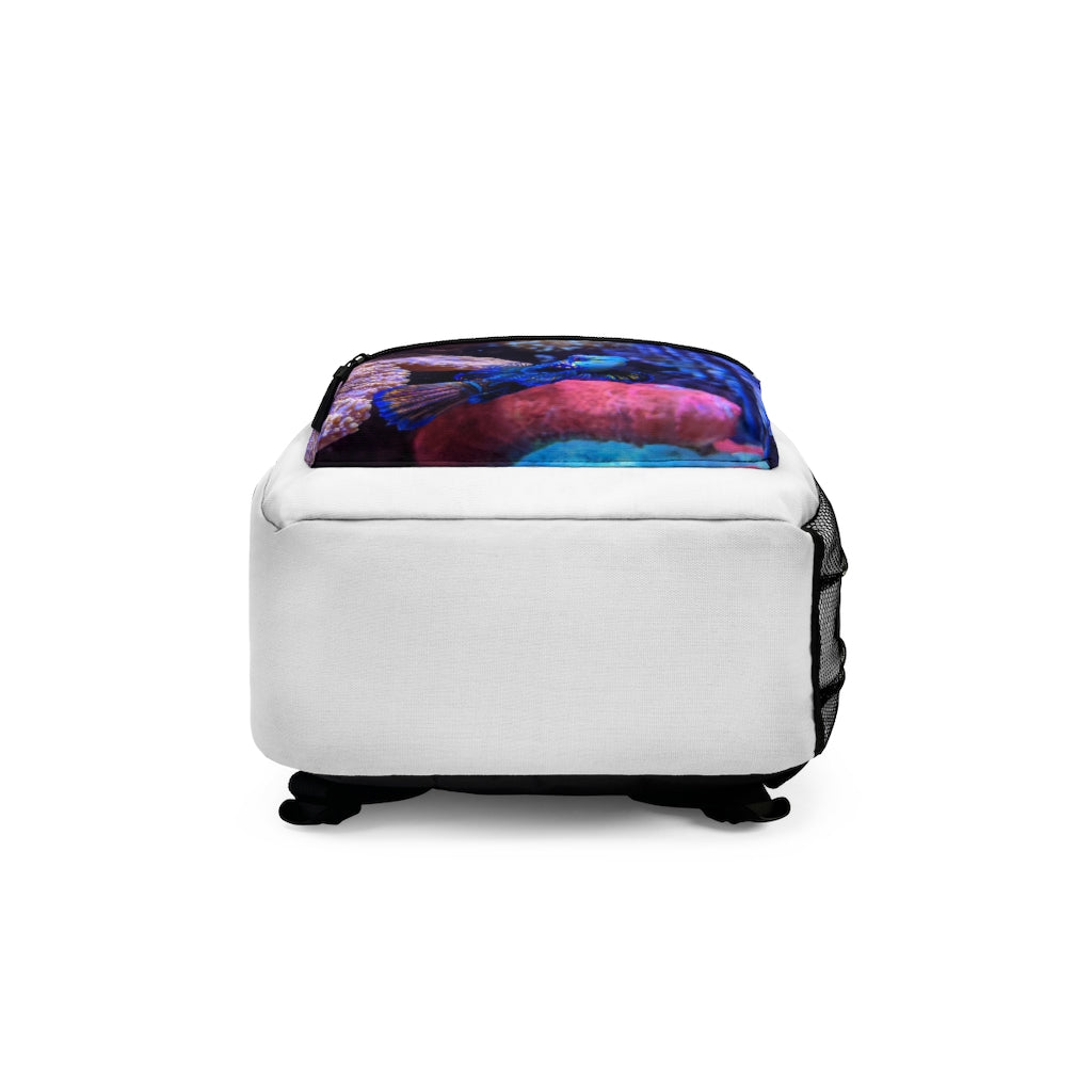 Blue Fish Backpack made from durable spun polyester, featuring adjustable straps and a custom name tag, perfect for outdoor and everyday use.