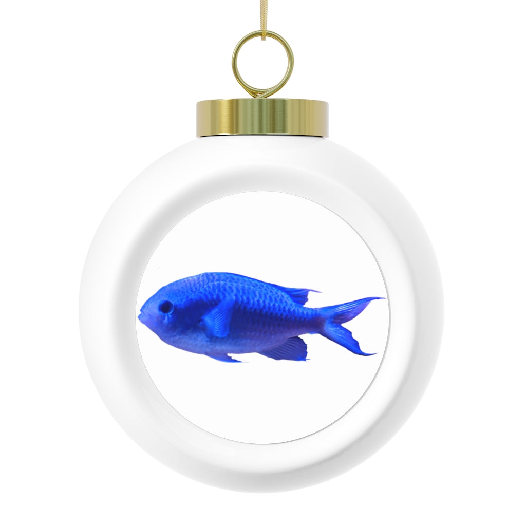 A beautiful 3-inch Blue Fish Christmas Ball Ornament with a glossy finish and gold ribbon, featuring a vintage design and customizable metal insert.