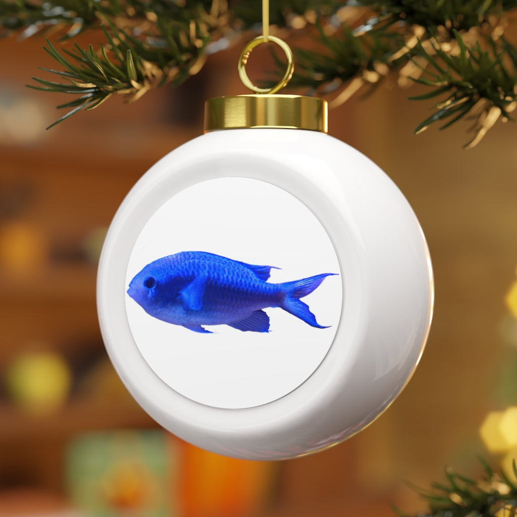 A beautiful 3-inch Blue Fish Christmas Ball Ornament with a glossy finish and gold ribbon, featuring a vintage design and customizable metal insert.