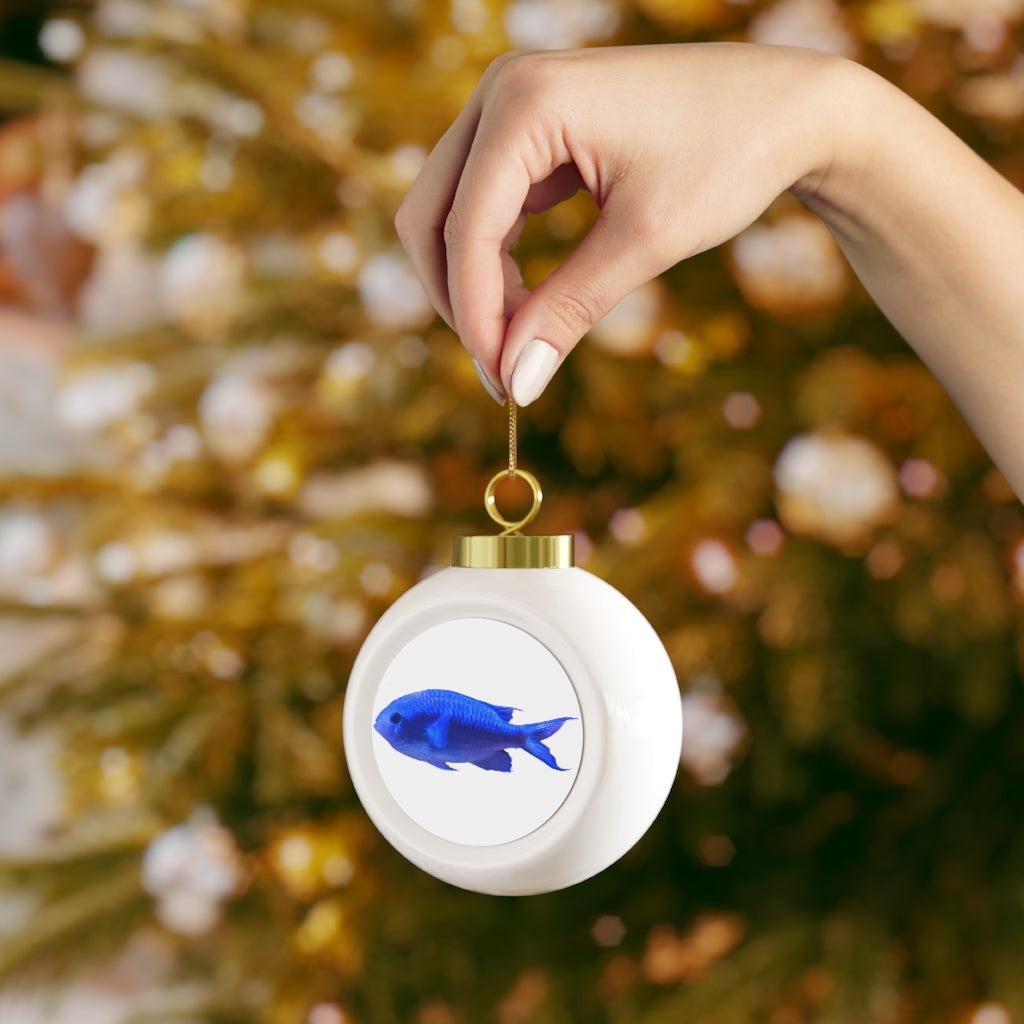 A beautiful 3-inch Blue Fish Christmas Ball Ornament with a glossy finish and gold ribbon, featuring a vintage design and customizable metal insert.