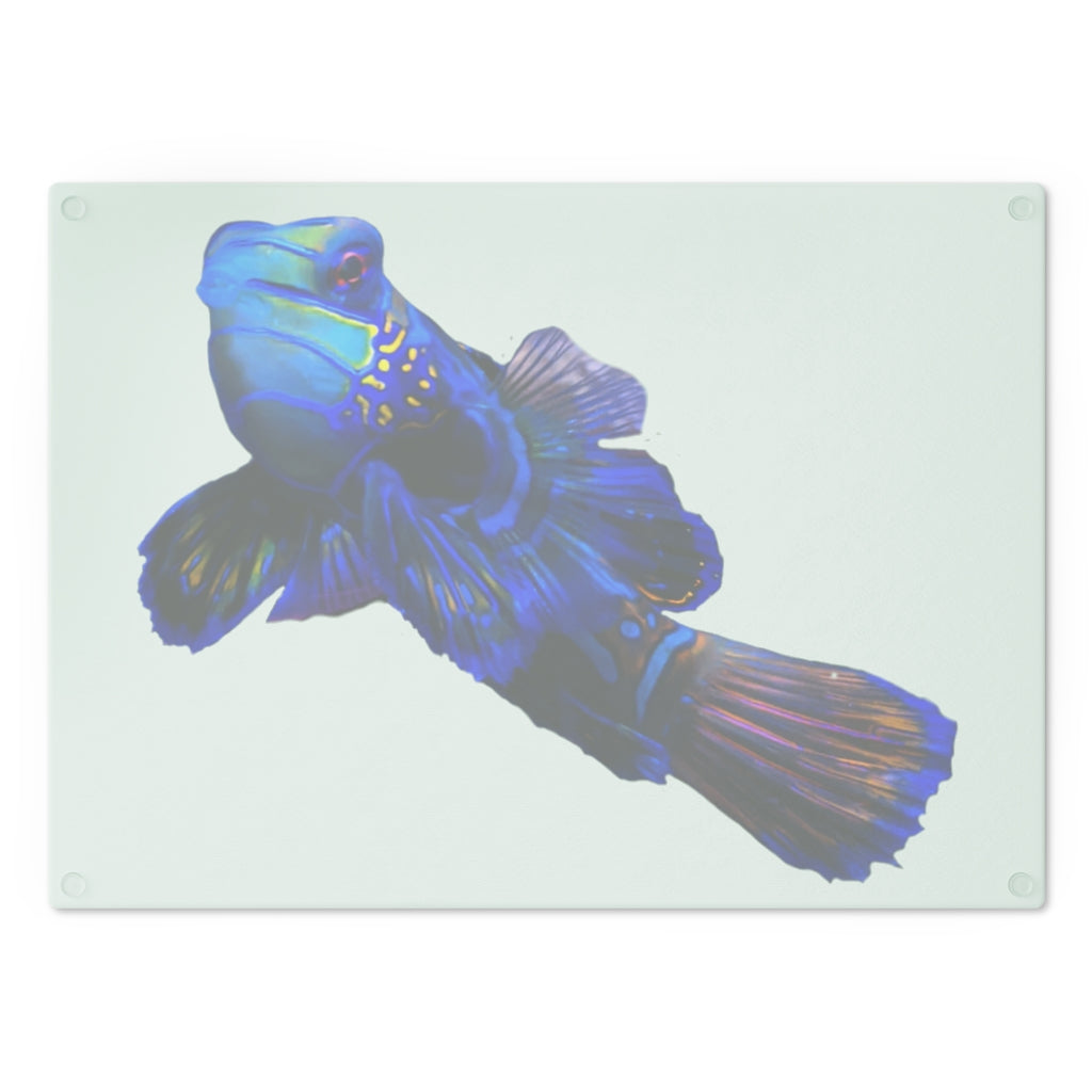 A stylish Blue Fish Cutting Board made of tempered glass, featuring a unique fish design and rubber dots for stability.