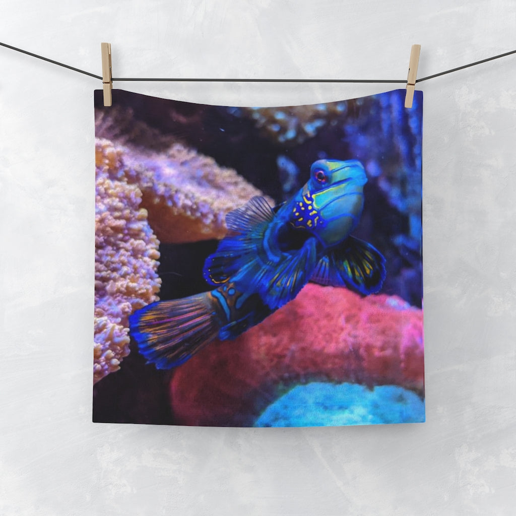 Blue Fish Face Towel featuring a vibrant customizable front and soft absorbent cotton back, perfect for personal use or gifting.