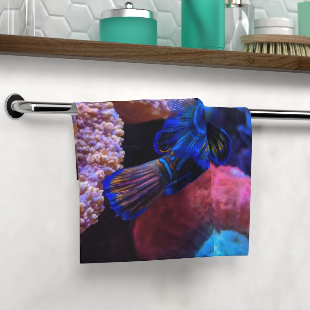 Blue Fish Face Towel featuring a vibrant customizable front and soft absorbent cotton back, perfect for personal use or gifting.