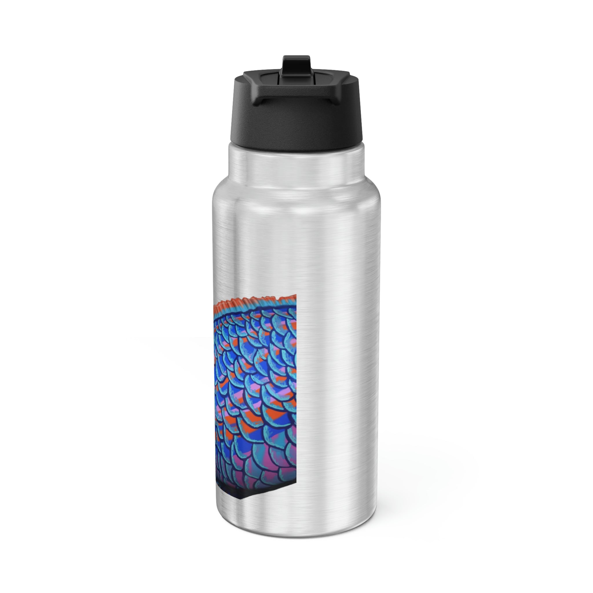 Blue Fish Gator Tumbler, 32oz, stainless steel with a black cap and included straw, showcasing a vibrant custom design.