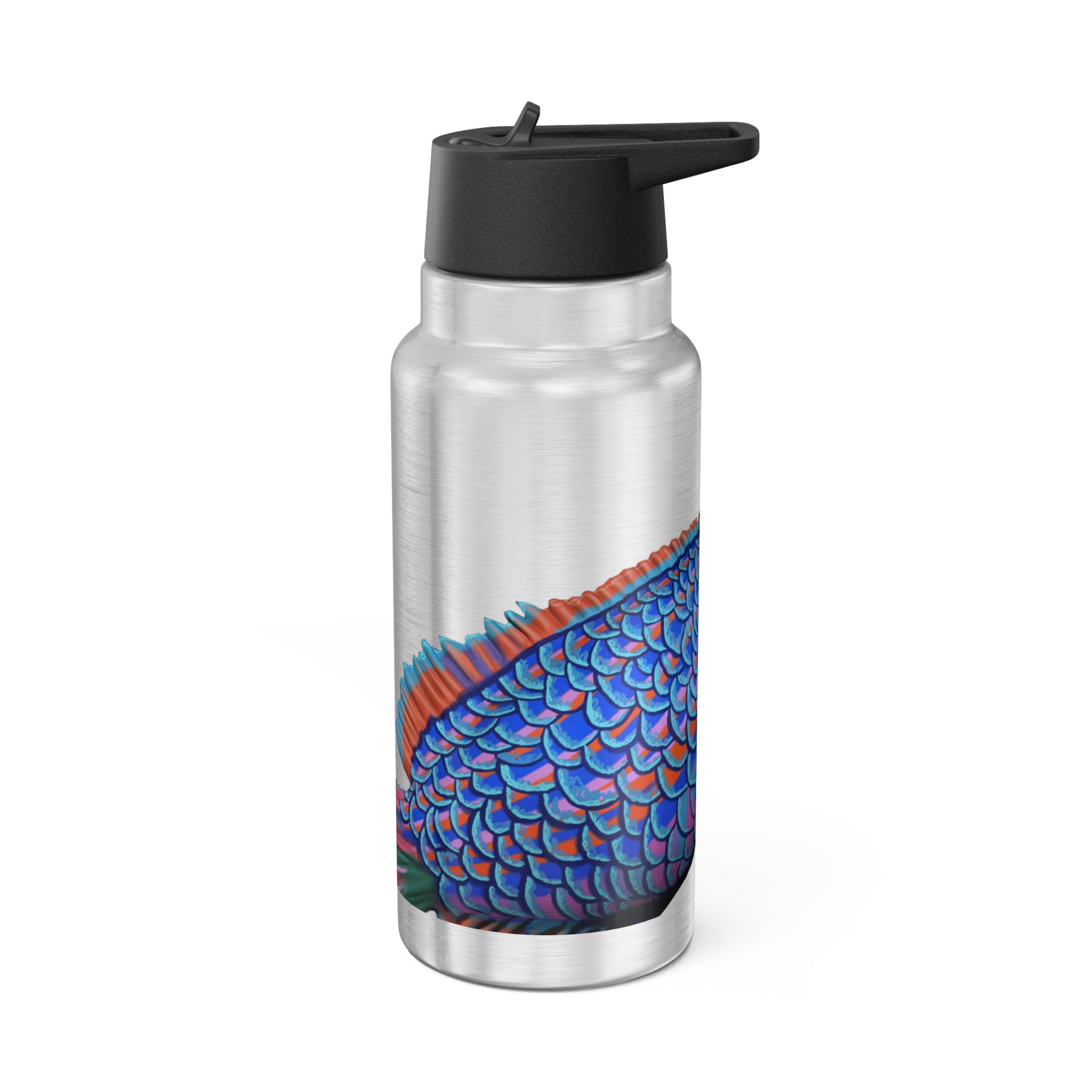 Blue Fish Gator Tumbler, 32oz, stainless steel with a black cap and included straw, showcasing a vibrant custom design.