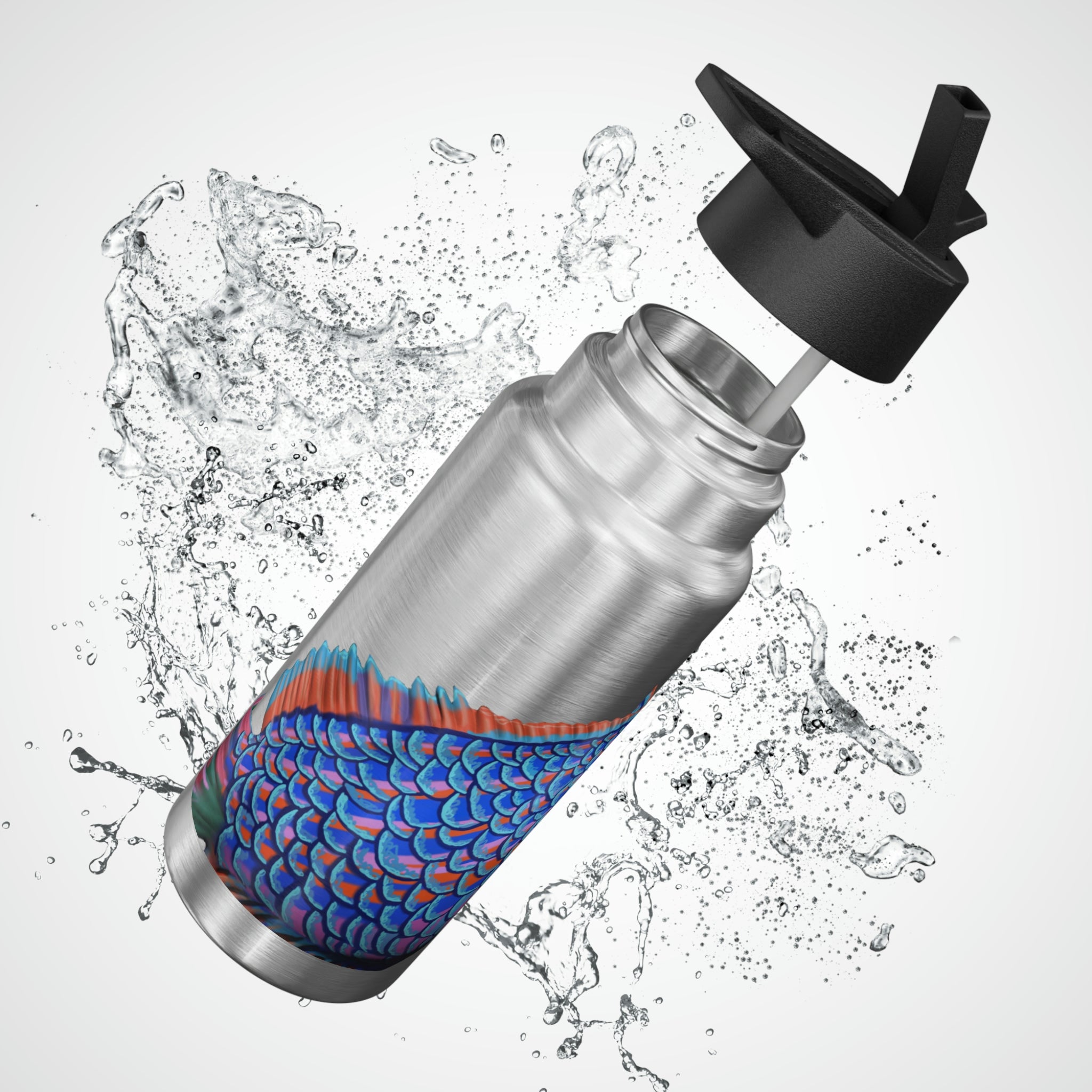 Blue Fish Gator Tumbler, 32oz, stainless steel with a black cap and included straw, showcasing a vibrant custom design.