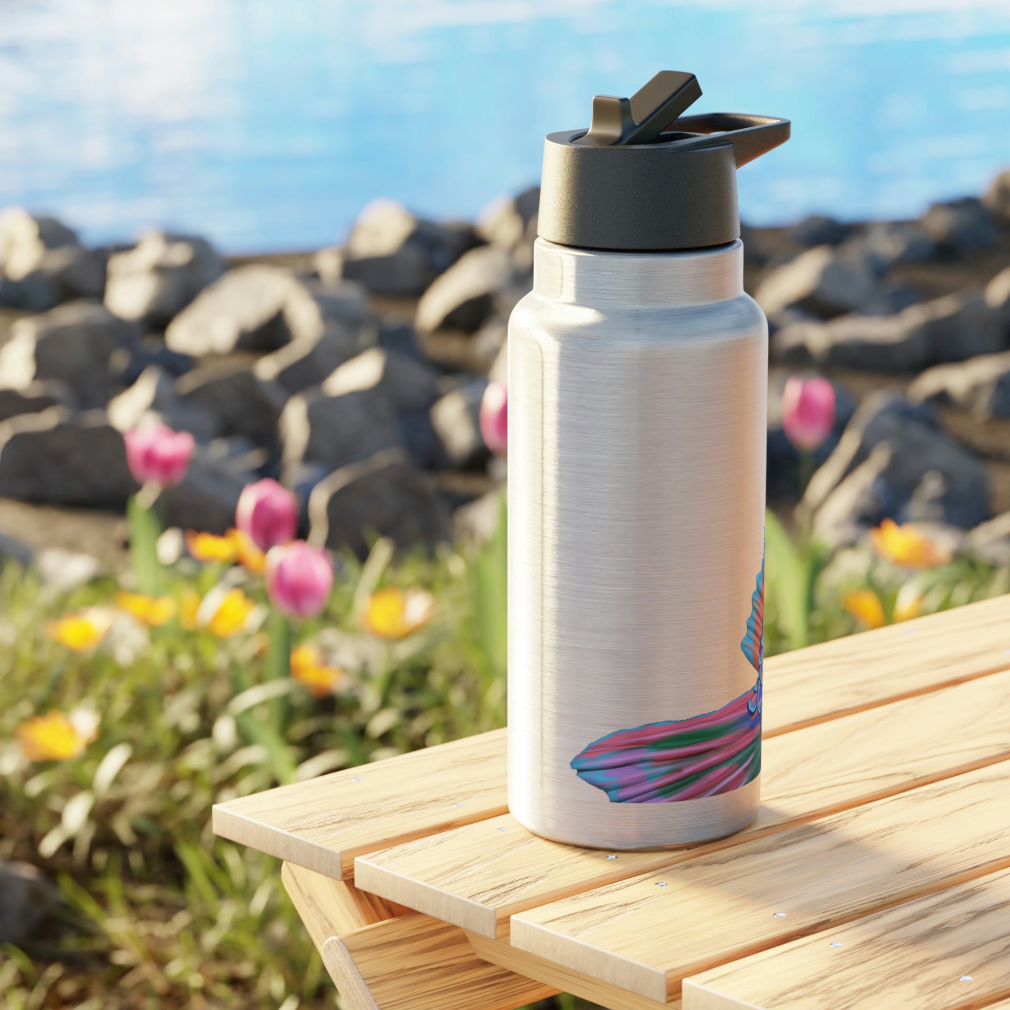 Blue Fish Gator Tumbler, 32oz, stainless steel with a black cap and included straw, showcasing a vibrant custom design.