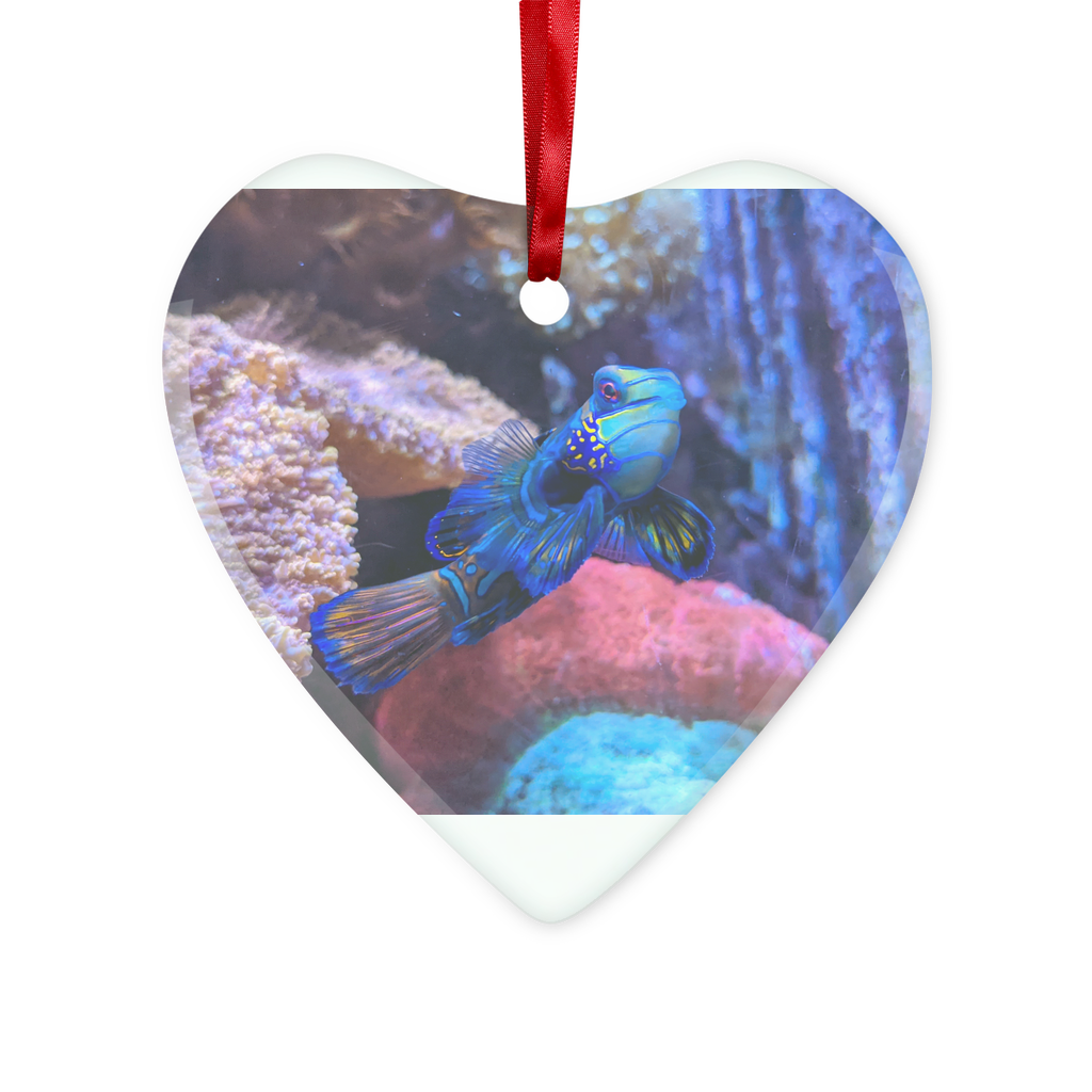 A beautifully crafted Blue Fish Glass Hanging Ornament in round and heart shapes, featuring a hole for hanging with a red ribbon and gold string.