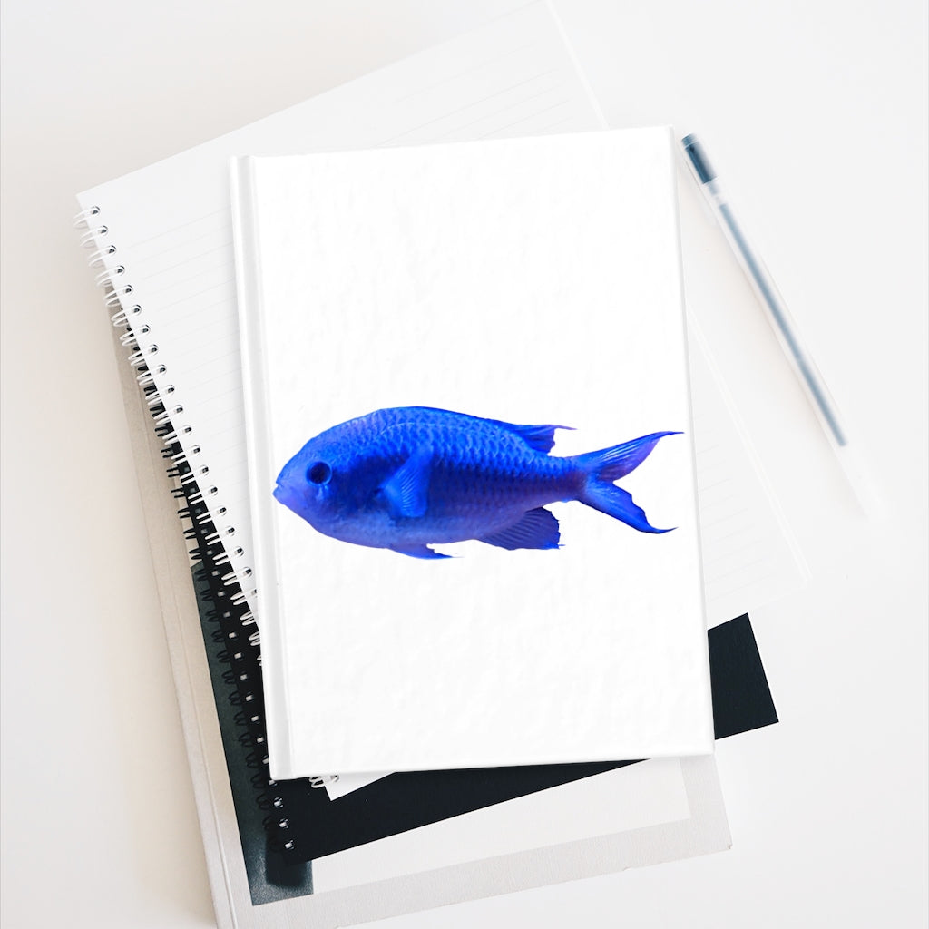 Blue Fish Journal with blank pages and a colorful wraparound print, showcasing its hardcover design.