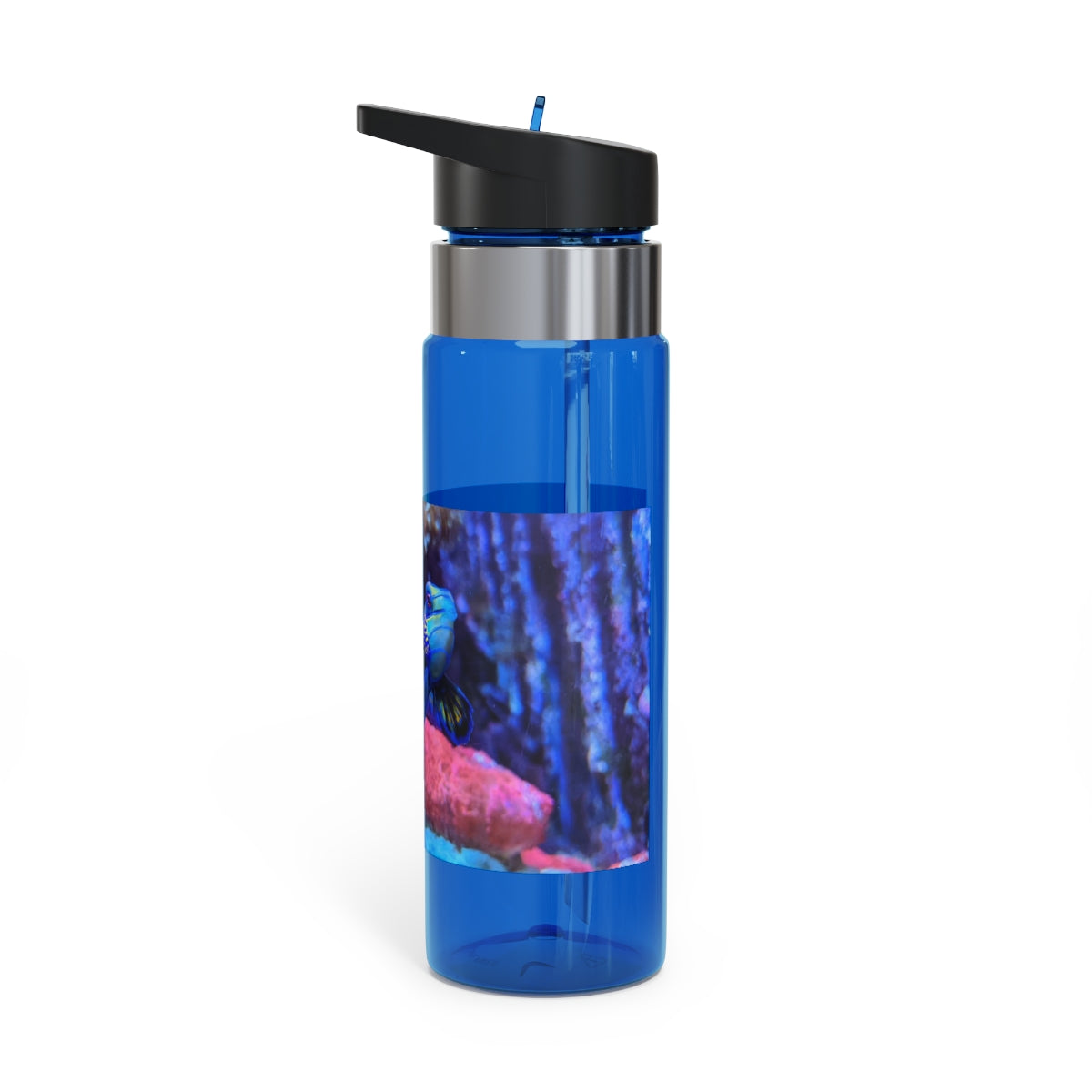 Blue Fish Kensington Tritan™ Sport Bottle in vibrant blue color, featuring a screw-on lid, straw, and carabiner hook for easy attachment.
