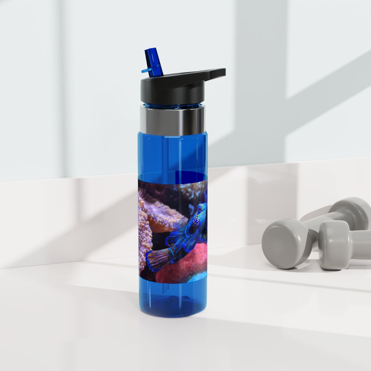 Blue Fish Kensington Tritan™ Sport Bottle in vibrant blue color, featuring a screw-on lid, straw, and carabiner hook for easy attachment.