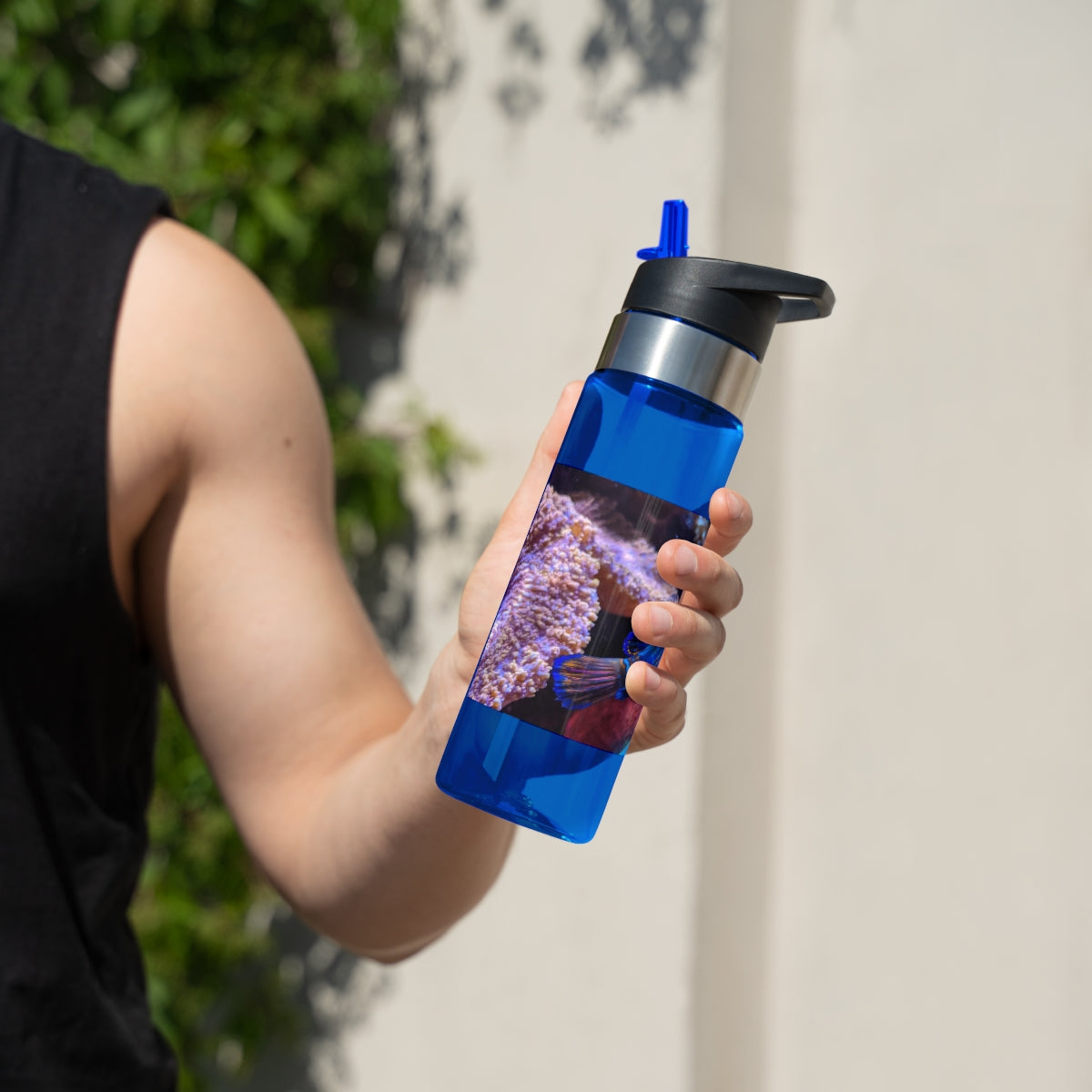 Blue Fish Kensington Tritan™ Sport Bottle in vibrant blue color, featuring a screw-on lid, straw, and carabiner hook for easy attachment.