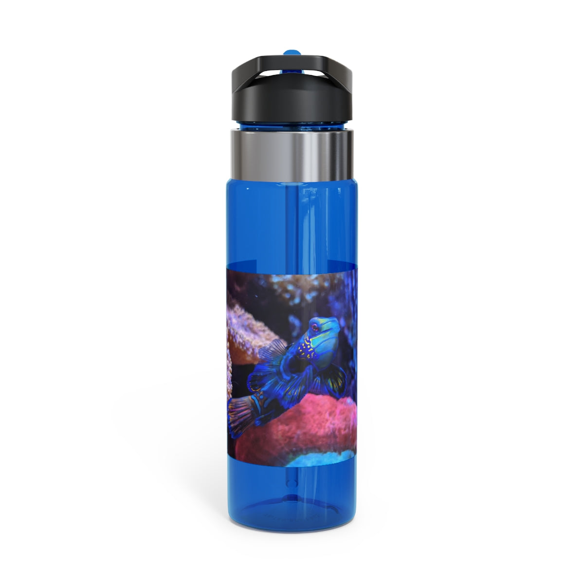 Blue Fish Kensington Tritan™ Sport Bottle in vibrant blue color, featuring a screw-on lid, straw, and carabiner hook for easy attachment.