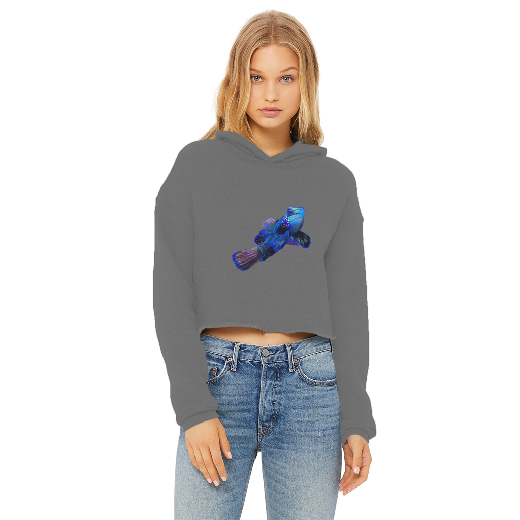Blue Fish Ladies Cropped Raw Edge Hoodie featuring a stylish raw edge hem and double fabric hood, made from soft cotton blend fabric.