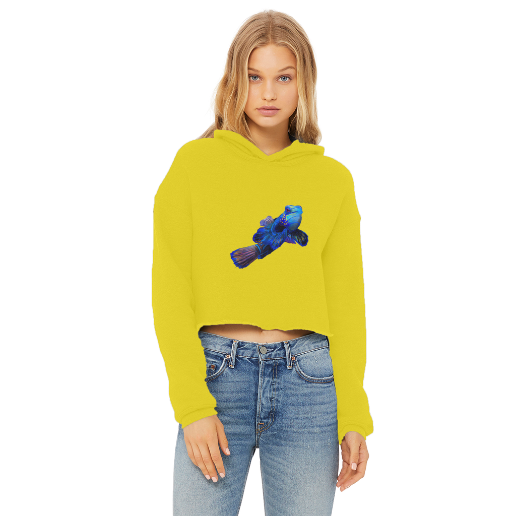 Blue Fish Ladies Cropped Raw Edge Hoodie featuring a stylish raw edge hem and double fabric hood, made from soft cotton blend fabric.