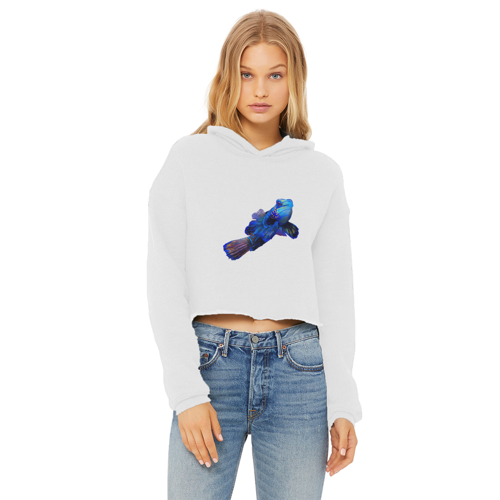 Blue Fish Ladies Cropped Raw Edge Hoodie featuring a stylish raw edge hem and double fabric hood, made from soft cotton blend fabric.