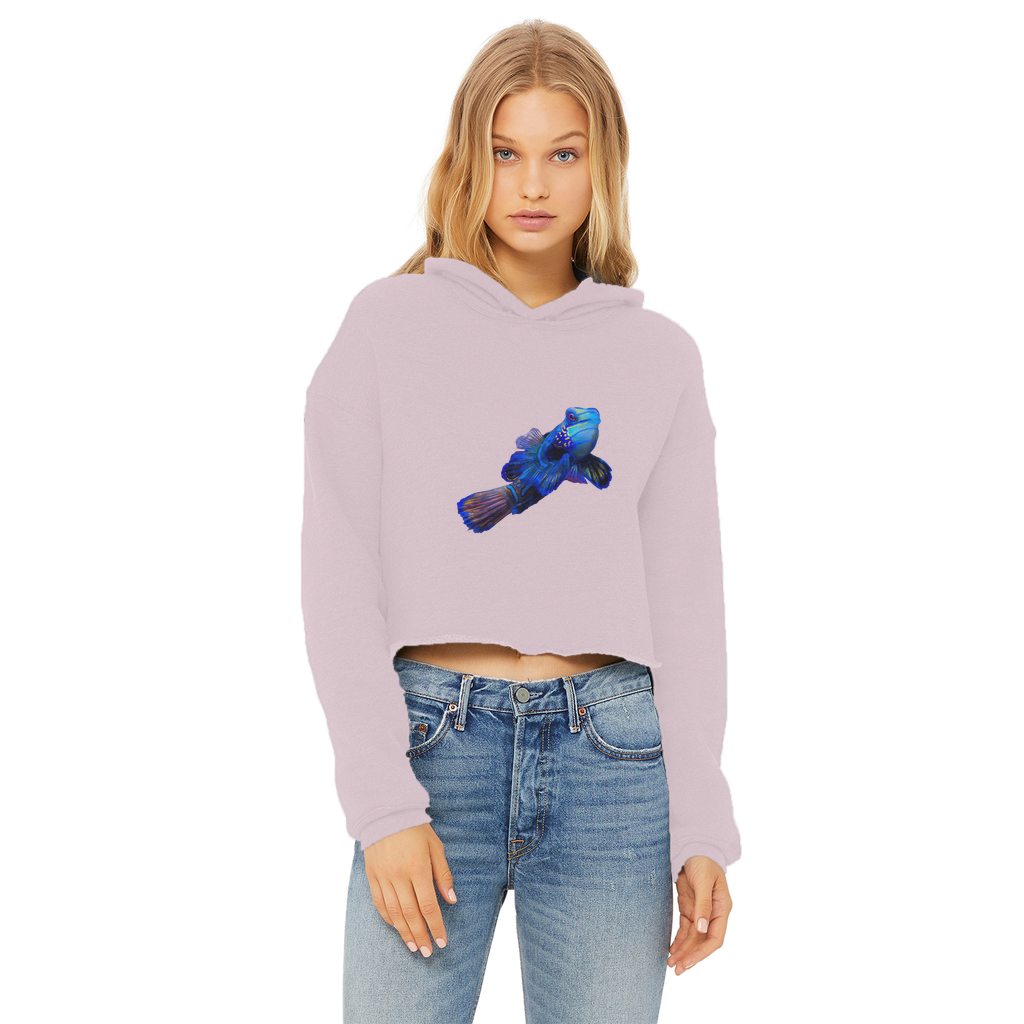 Blue Fish Ladies Cropped Raw Edge Hoodie featuring a stylish raw edge hem and double fabric hood, made from soft cotton blend fabric.