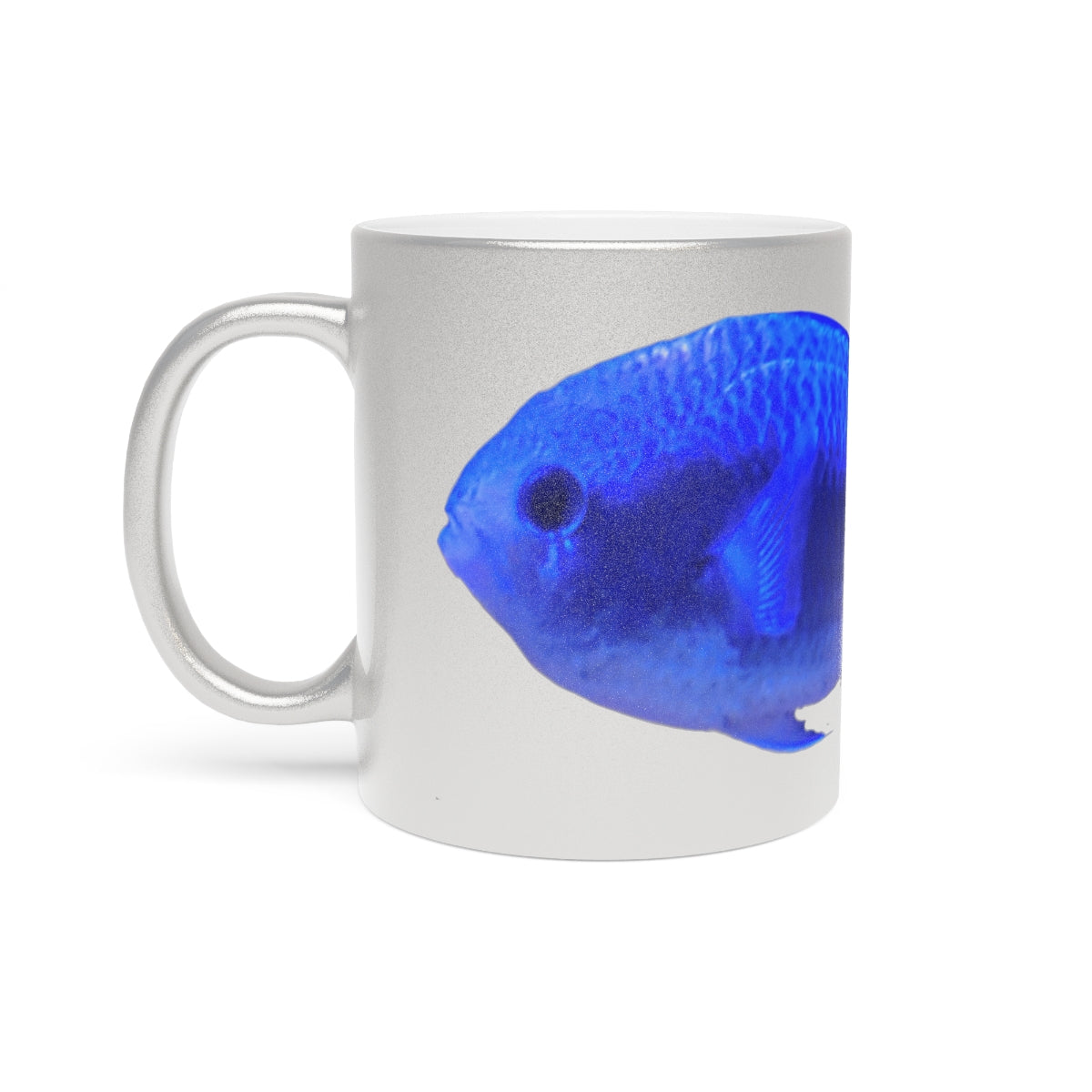 Blue Fish Metallic Mug in Gold and Silver finishes, showcasing personalized designs on a ceramic surface.