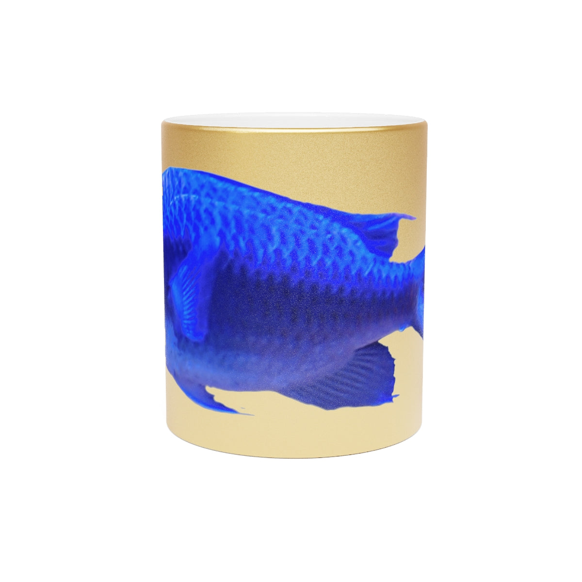 Blue Fish Metallic Mug in Gold and Silver finishes, showcasing personalized designs on a ceramic surface.