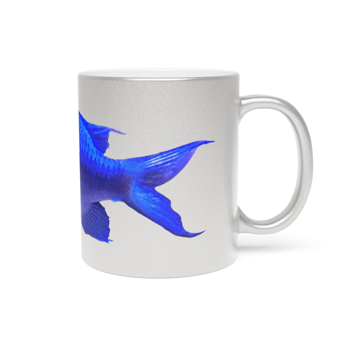 Blue Fish Metallic Mug in Gold and Silver finishes, showcasing personalized designs on a ceramic surface.