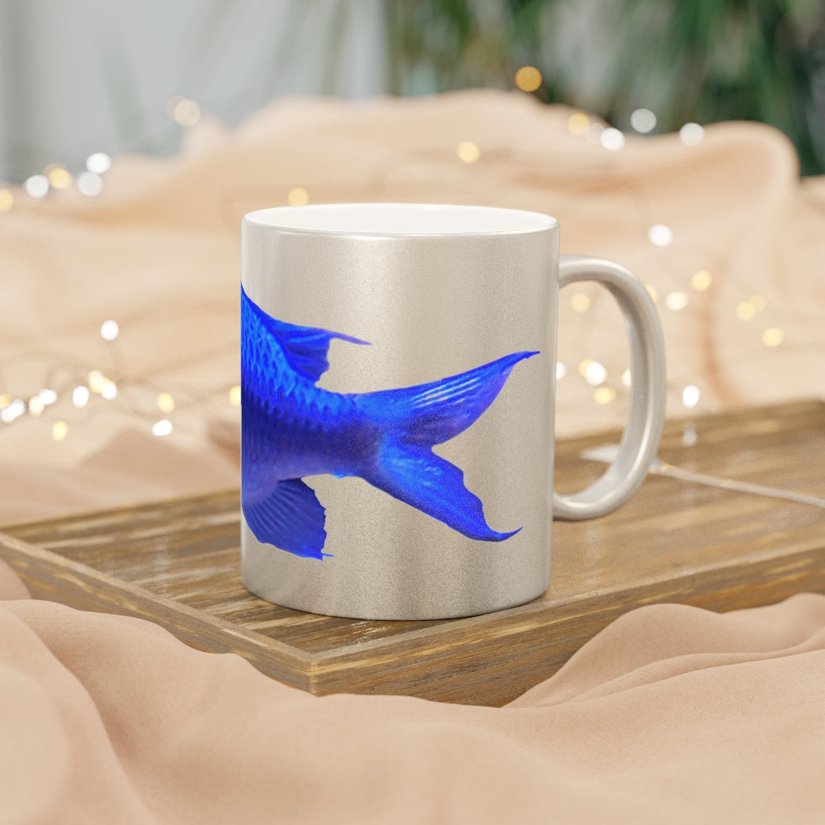Blue Fish Metallic Mug in Gold and Silver finishes, showcasing personalized designs on a ceramic surface.