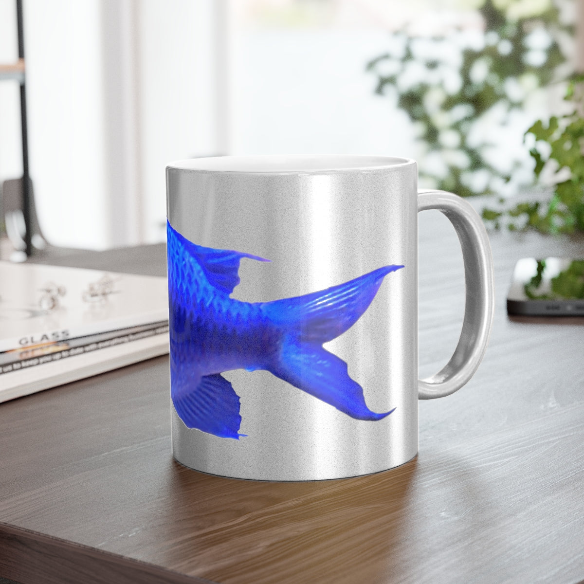 Blue Fish Metallic Mug in Gold and Silver finishes, showcasing personalized designs on a ceramic surface.