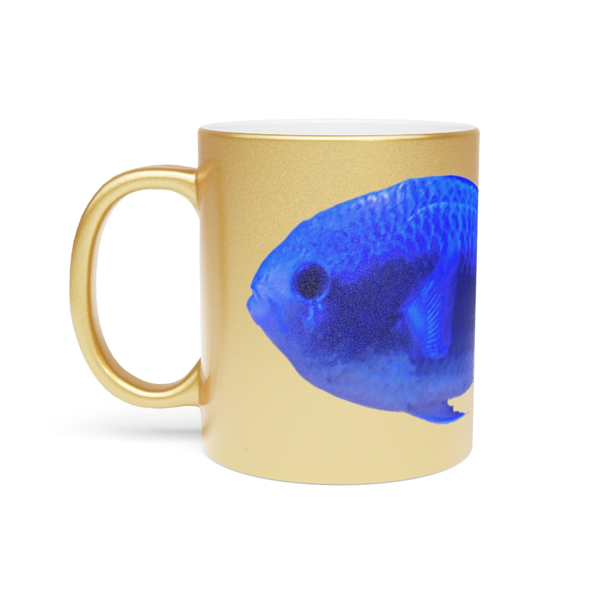 Blue Fish Metallic Mug in Gold and Silver finishes, showcasing personalized designs on a ceramic surface.
