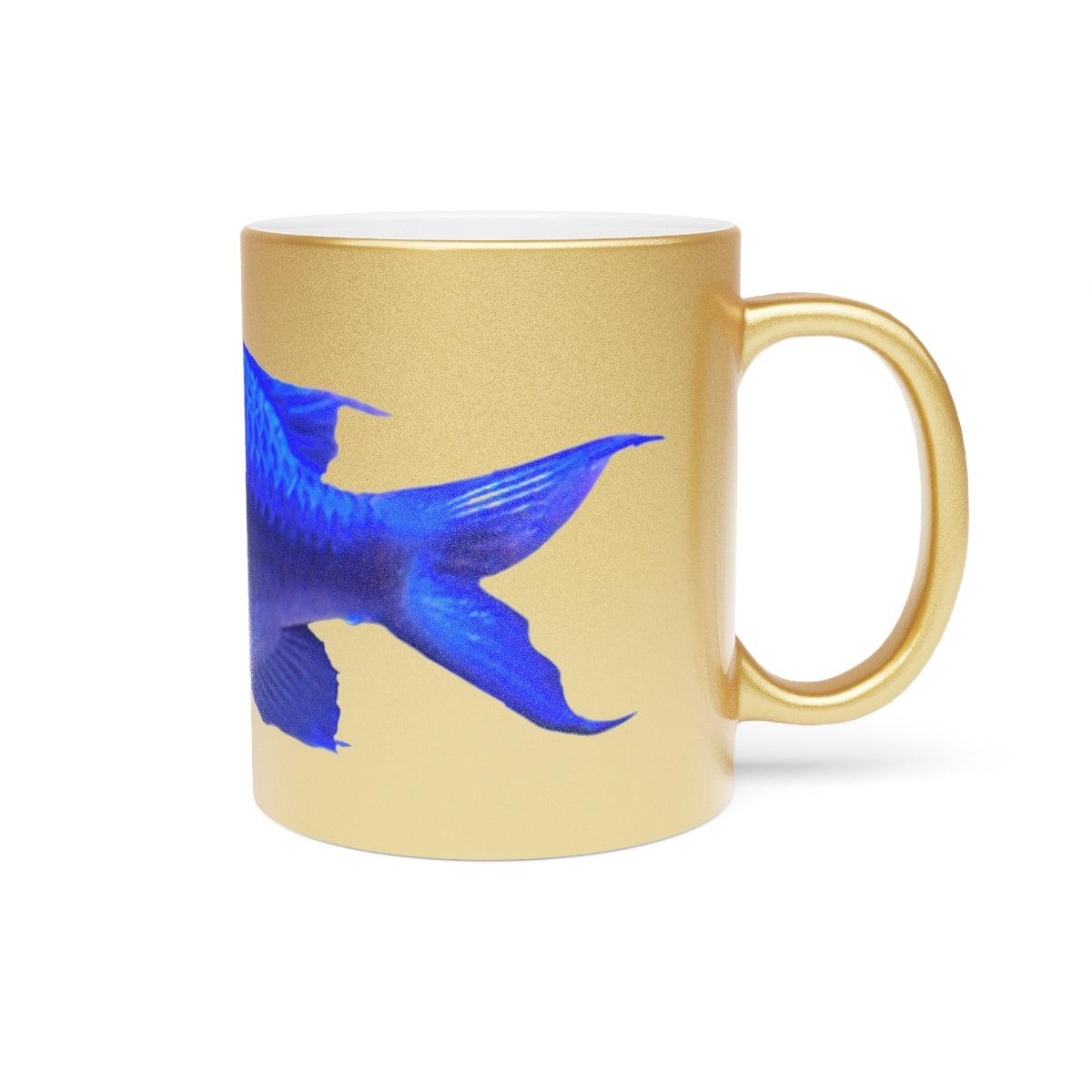 Blue Fish Metallic Mug in Gold and Silver finishes, showcasing personalized designs on a ceramic surface.