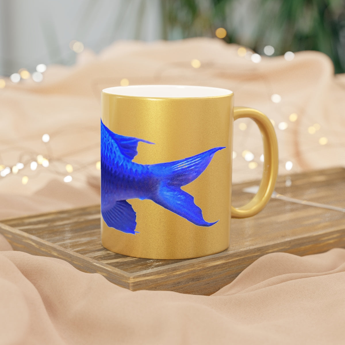 Blue Fish Metallic Mug in Gold and Silver finishes, showcasing personalized designs on a ceramic surface.