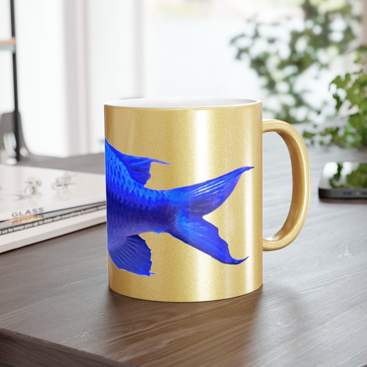 Blue Fish Metallic Mug in Gold and Silver finishes, showcasing personalized designs on a ceramic surface.