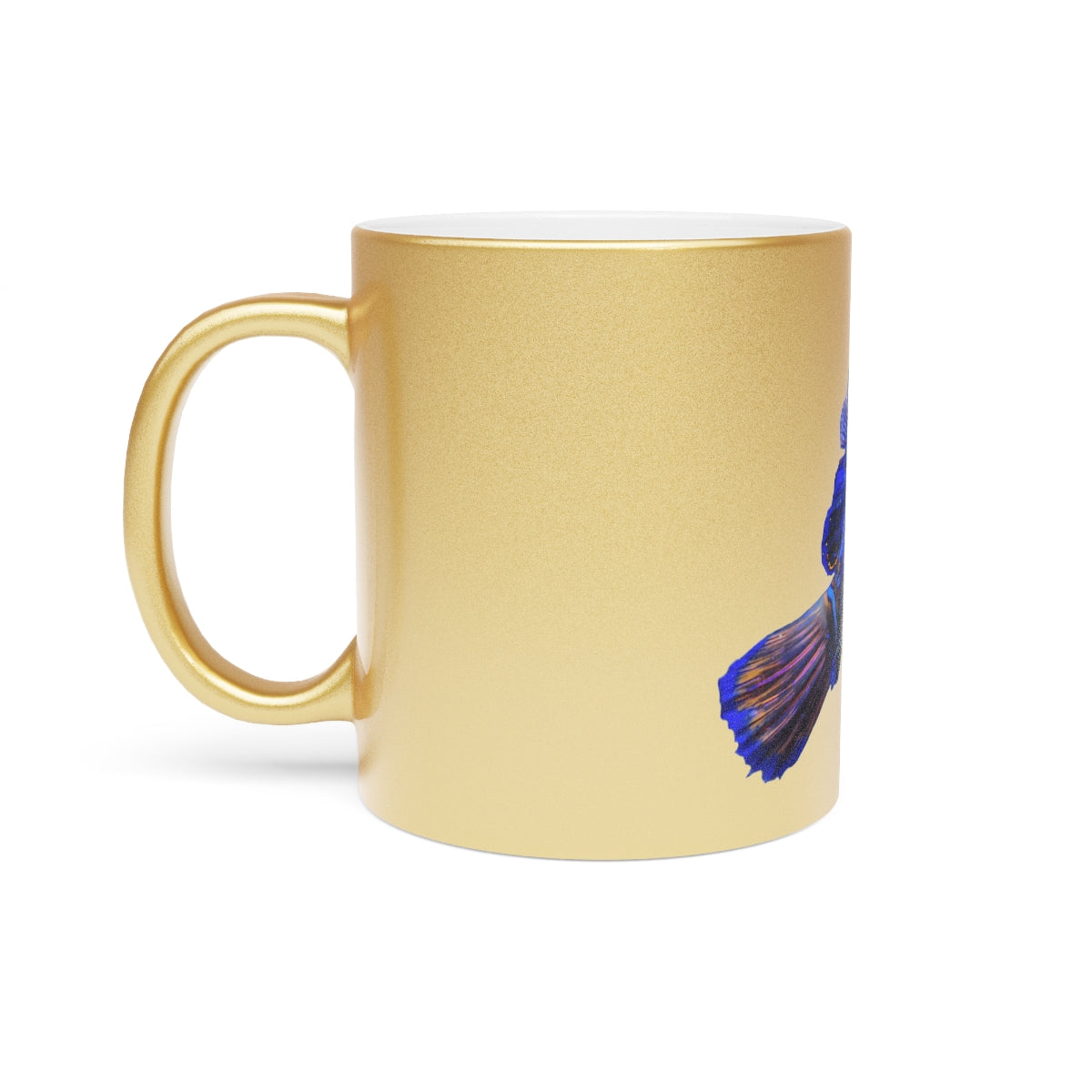 Blue Fish Metallic Mug in Gold and Silver finishes, showcasing personalized designs and a comfortable C-handle.
