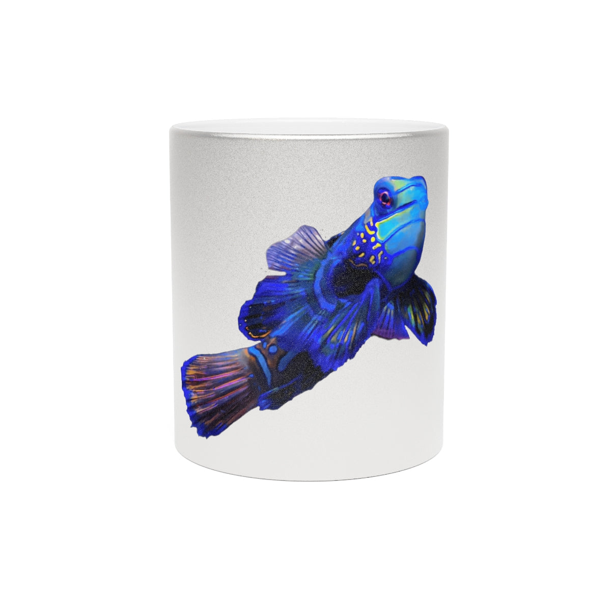 Blue Fish Metallic Mug in Gold and Silver finishes, showcasing personalized designs and a comfortable C-handle.