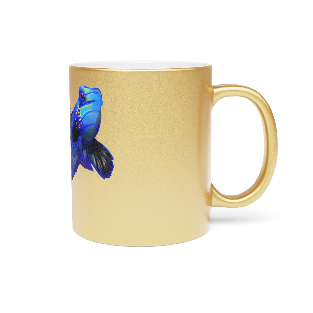 Blue Fish Metallic Mug in Gold and Silver finishes, showcasing personalized designs and a comfortable C-handle.