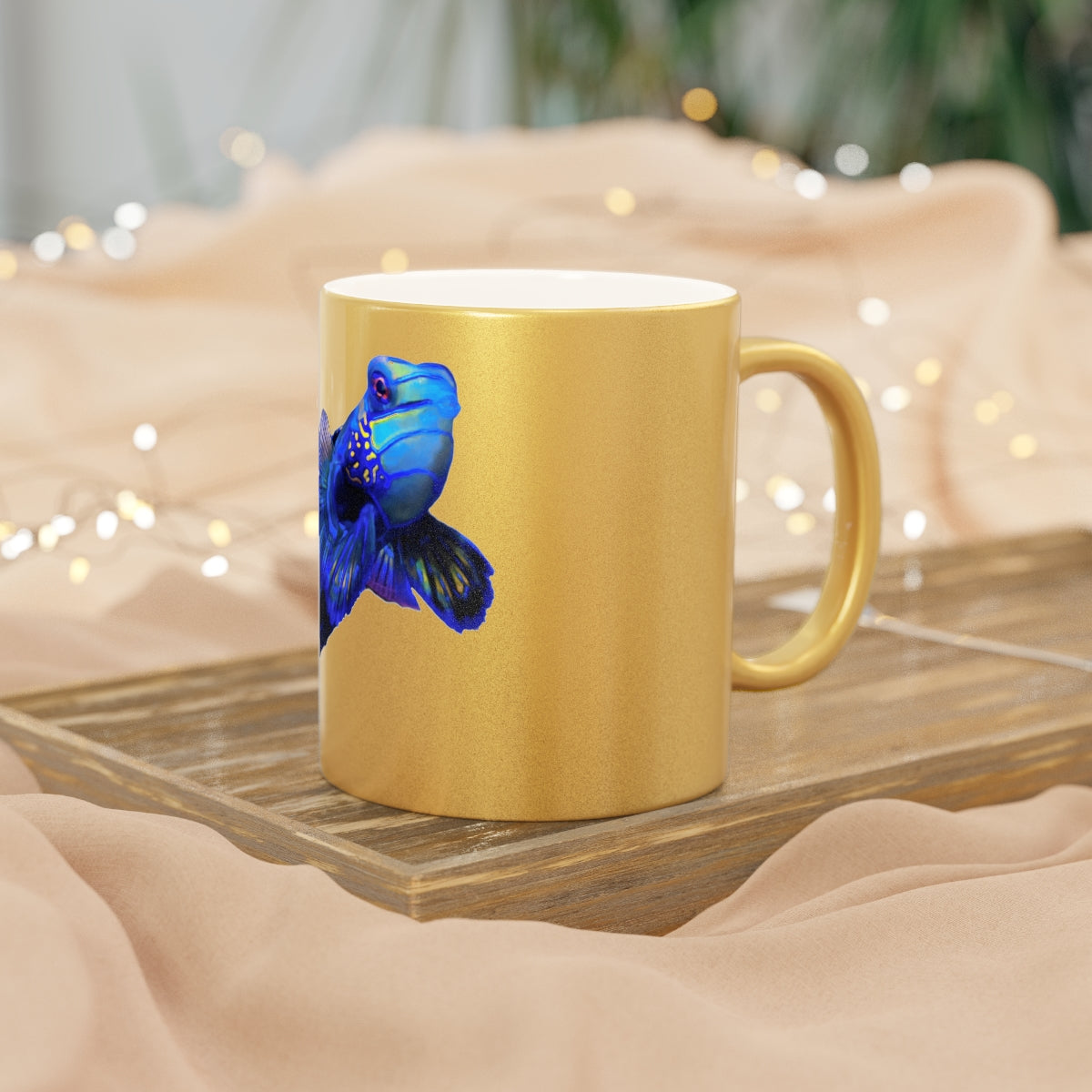 Blue Fish Metallic Mug in Gold and Silver finishes, showcasing personalized designs and a comfortable C-handle.