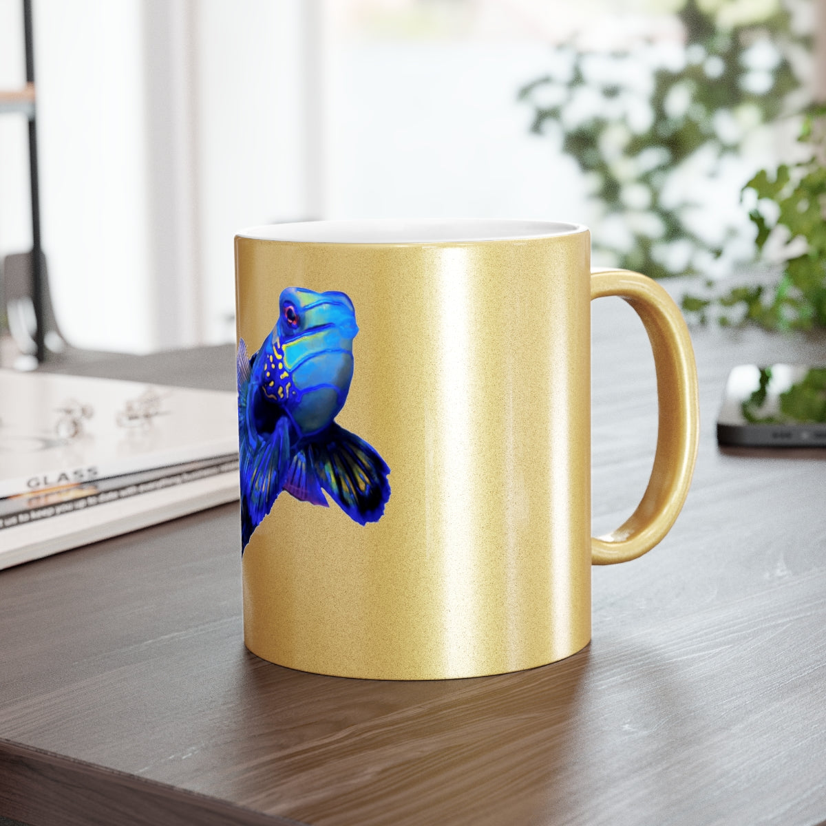 Blue Fish Metallic Mug in Gold and Silver finishes, showcasing personalized designs and a comfortable C-handle.