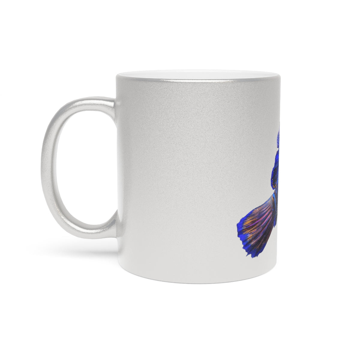 Blue Fish Metallic Mug in Gold and Silver finishes, showcasing personalized designs and a comfortable C-handle.