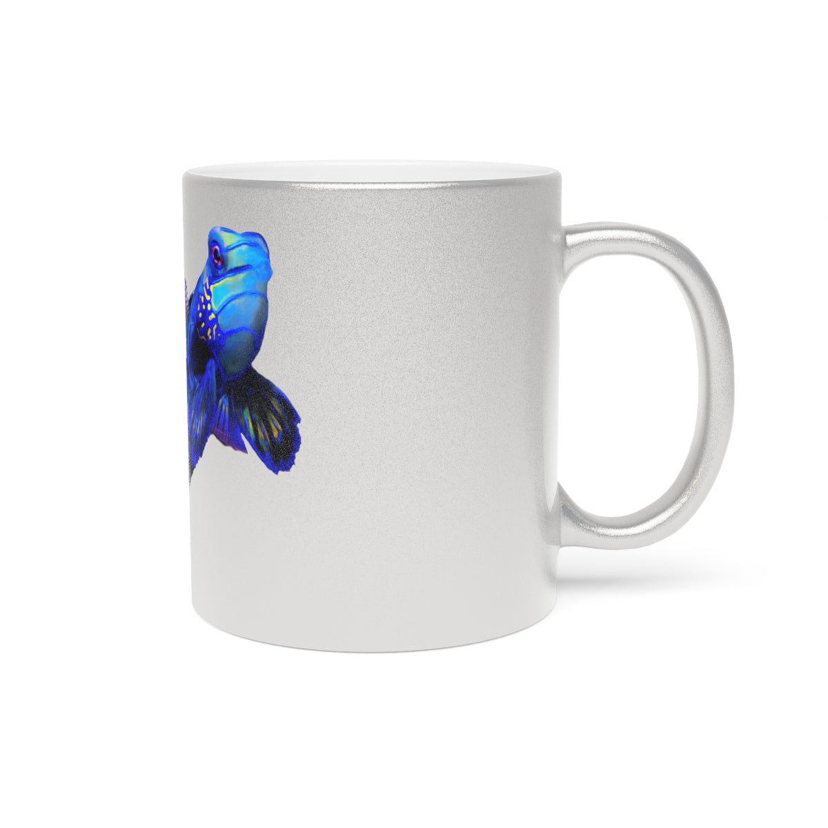 Blue Fish Metallic Mug in Gold and Silver finishes, showcasing personalized designs and a comfortable C-handle.