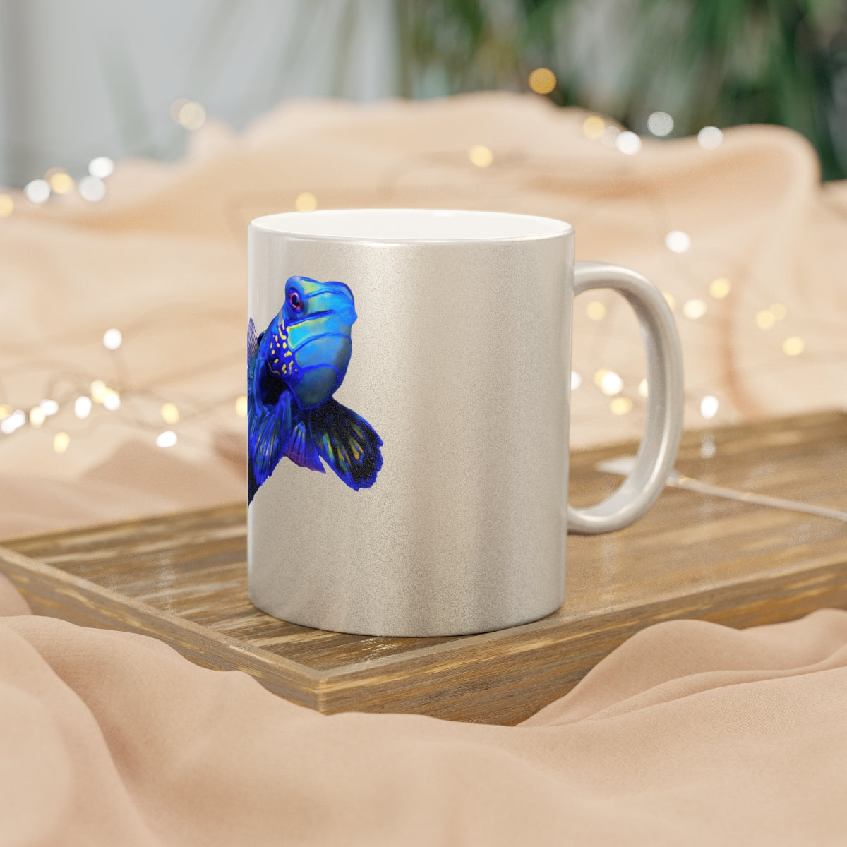 Blue Fish Metallic Mug in Gold and Silver finishes, showcasing personalized designs and a comfortable C-handle.