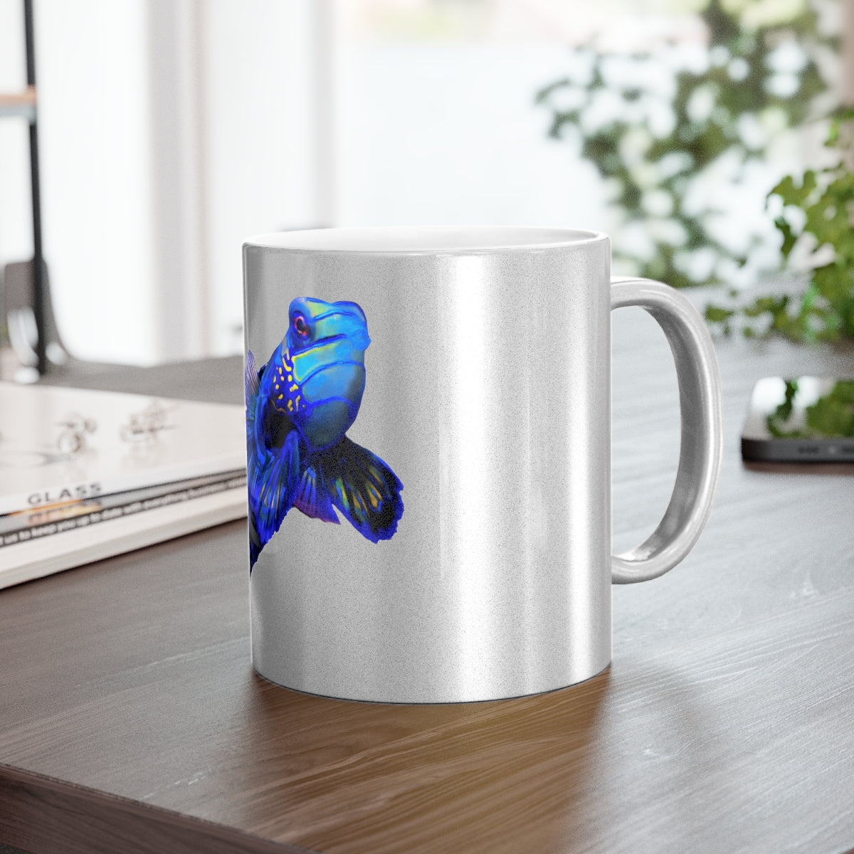 Blue Fish Metallic Mug in Gold and Silver finishes, showcasing personalized designs and a comfortable C-handle.