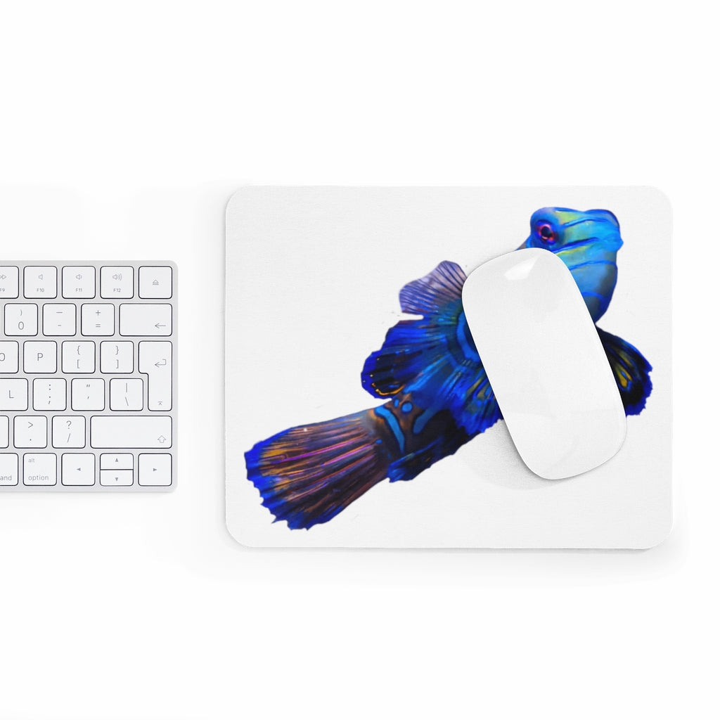 Blue Fish Mouse Pad featuring a vibrant design on a smooth neoprene surface, ideal for enhancing desk aesthetics.
