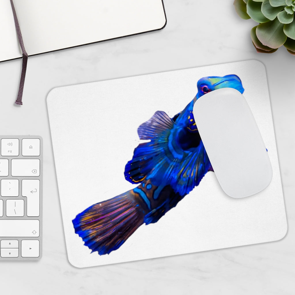Blue Fish Mouse Pad featuring a vibrant design on a smooth neoprene surface, ideal for enhancing desk aesthetics.