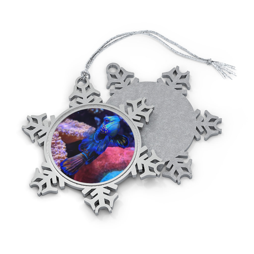 Blue Fish Pewter Snowflake Ornament with silver-toned hanging string, showcasing intricate snowflake design.