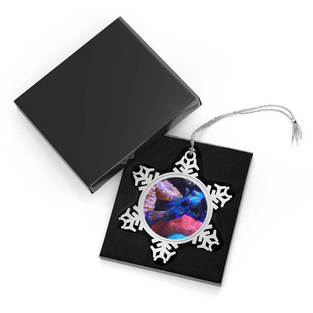 Blue Fish Pewter Snowflake Ornament with silver-toned hanging string, showcasing intricate snowflake design.