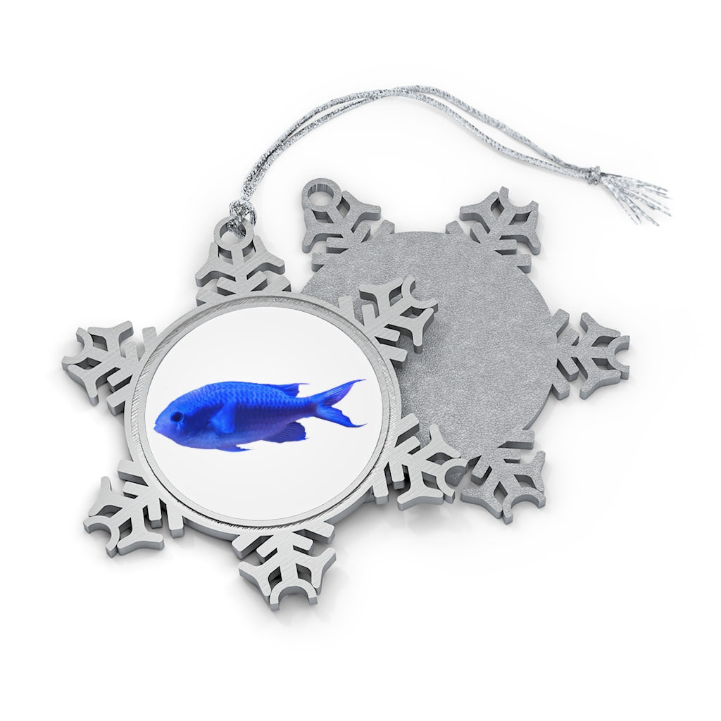 Blue Fish Pewter Snowflake Ornament with intricate design and silver-toned hanging string, perfect for holiday decor.