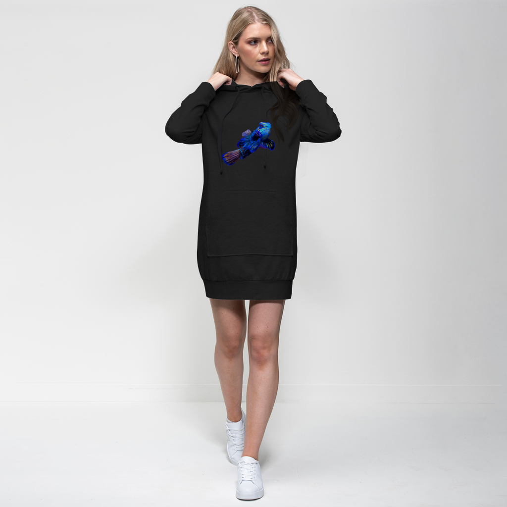 Blue Fish Premium Adult Hoodie Dress featuring a relaxed fit, stylish hood, and kangaroo pouch pocket, perfect for casual wear.