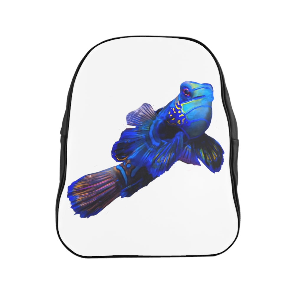 Blue Fish School Backpack featuring a vibrant fish print, padded back, and chocolate brown lining, ideal for school and everyday use.